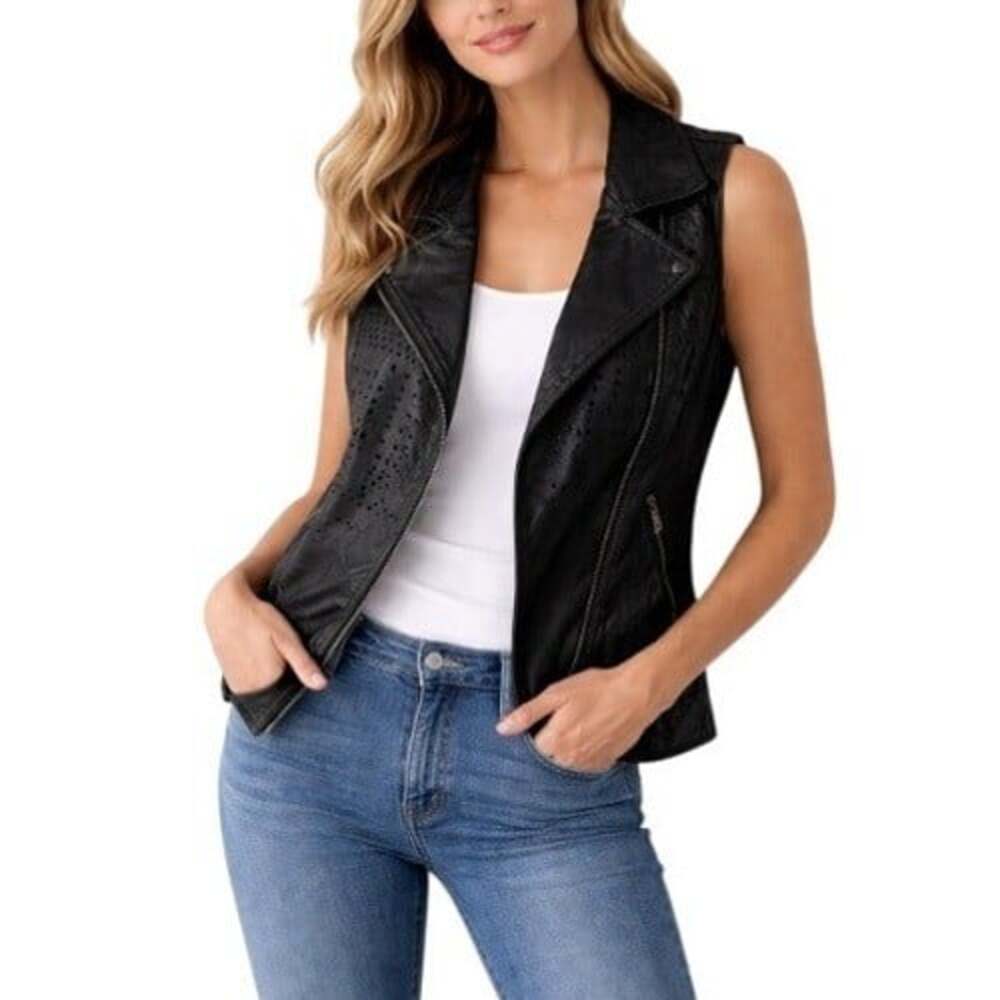 BNCI by Blanc Noir Women's Black Faux Leather Laser Cut Moto Biker Vest Size S